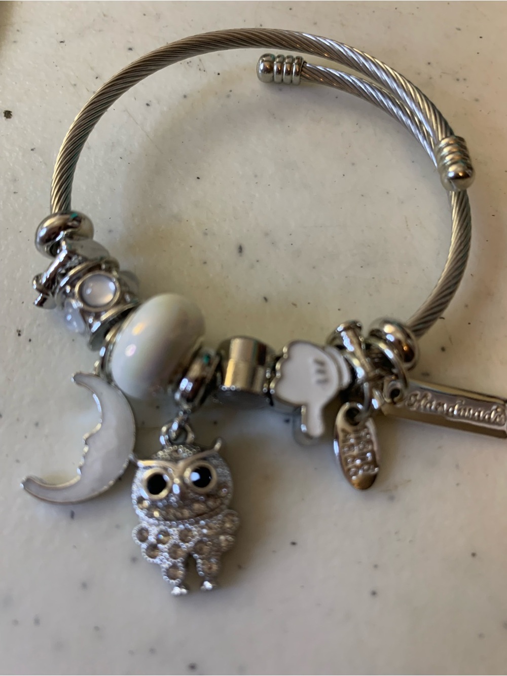 Silver-Tone Owl & Moon Charm Bangle Bracelet with White Enamel Accents
